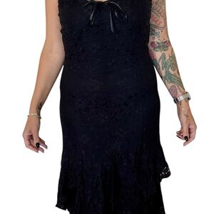 Betsey Johnson Vintage Black Lace Midi Dress with Bow Neckline Size Large (8-10)